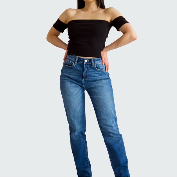 Black Ribbed Off The Shoulder Crop Top - Picture 1 of 2